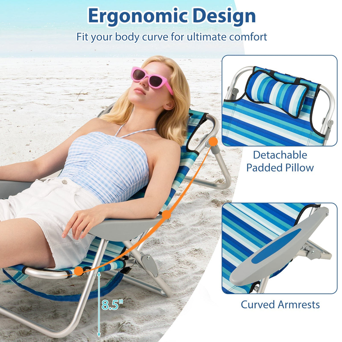 Folding Beach Chair with 4-Position Adjustable Backrest