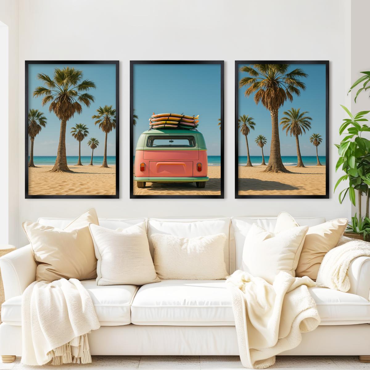 3 Piece Beach Wall Art – Palm Trees, Surf Van and Ocean View