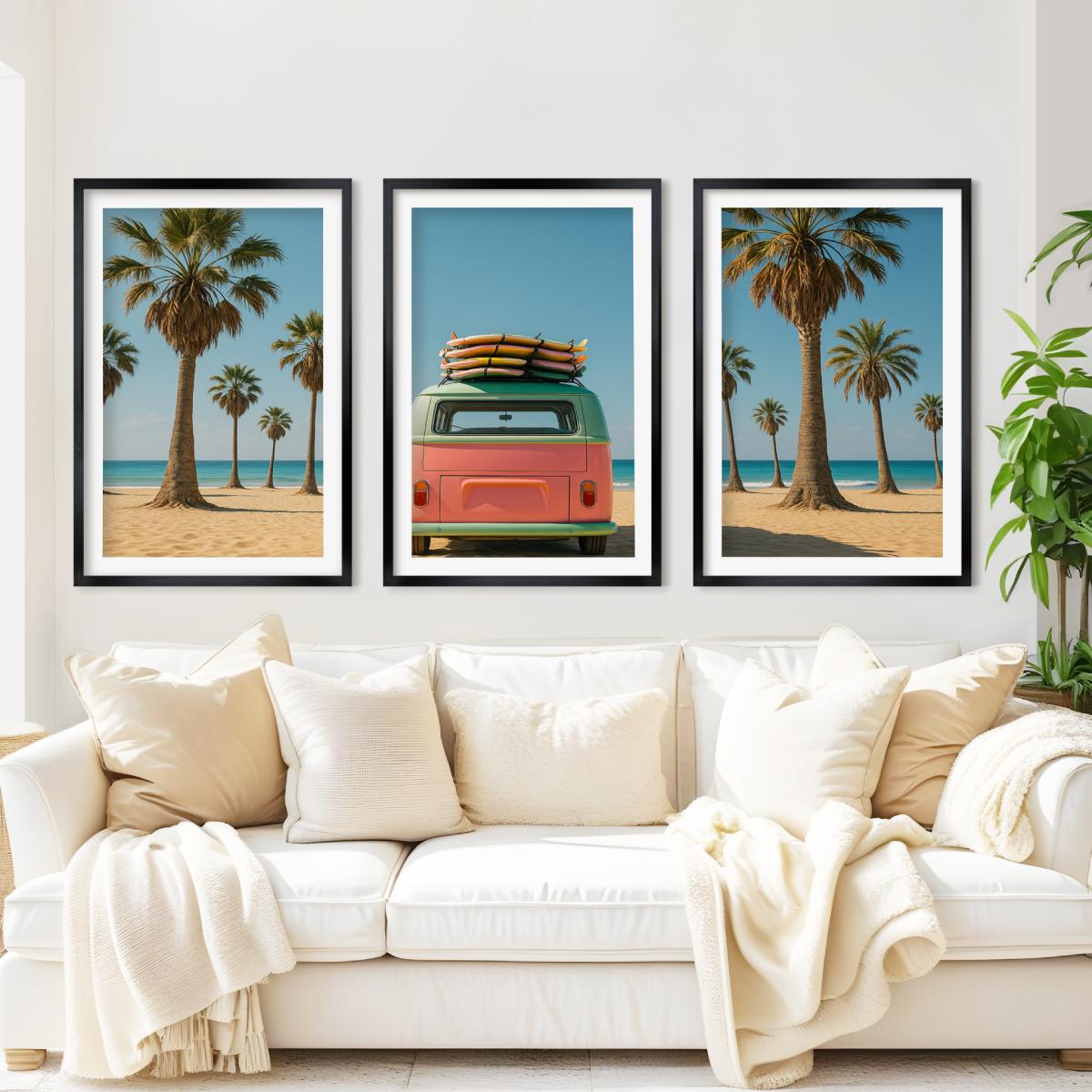 3 Piece Beach Wall Art – Palm Trees, Surf Van and Ocean View