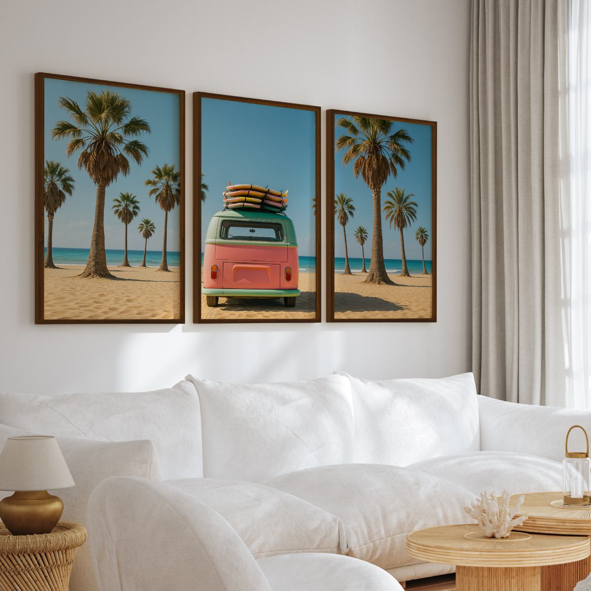 3 Piece Beach Wall Art – Palm Trees, Surf Van and Ocean View
