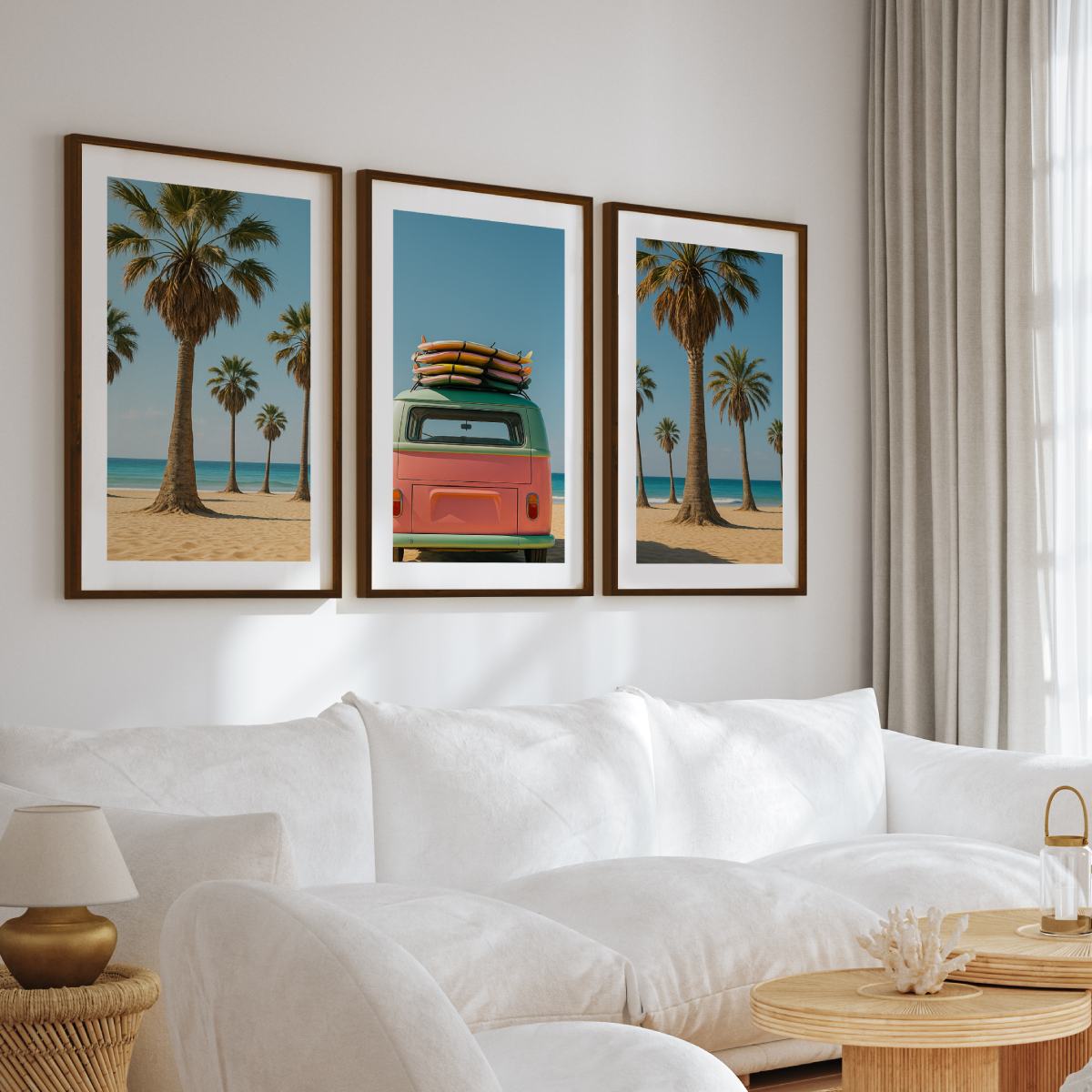 3 Piece Beach Wall Art – Palm Trees, Surf Van and Ocean View