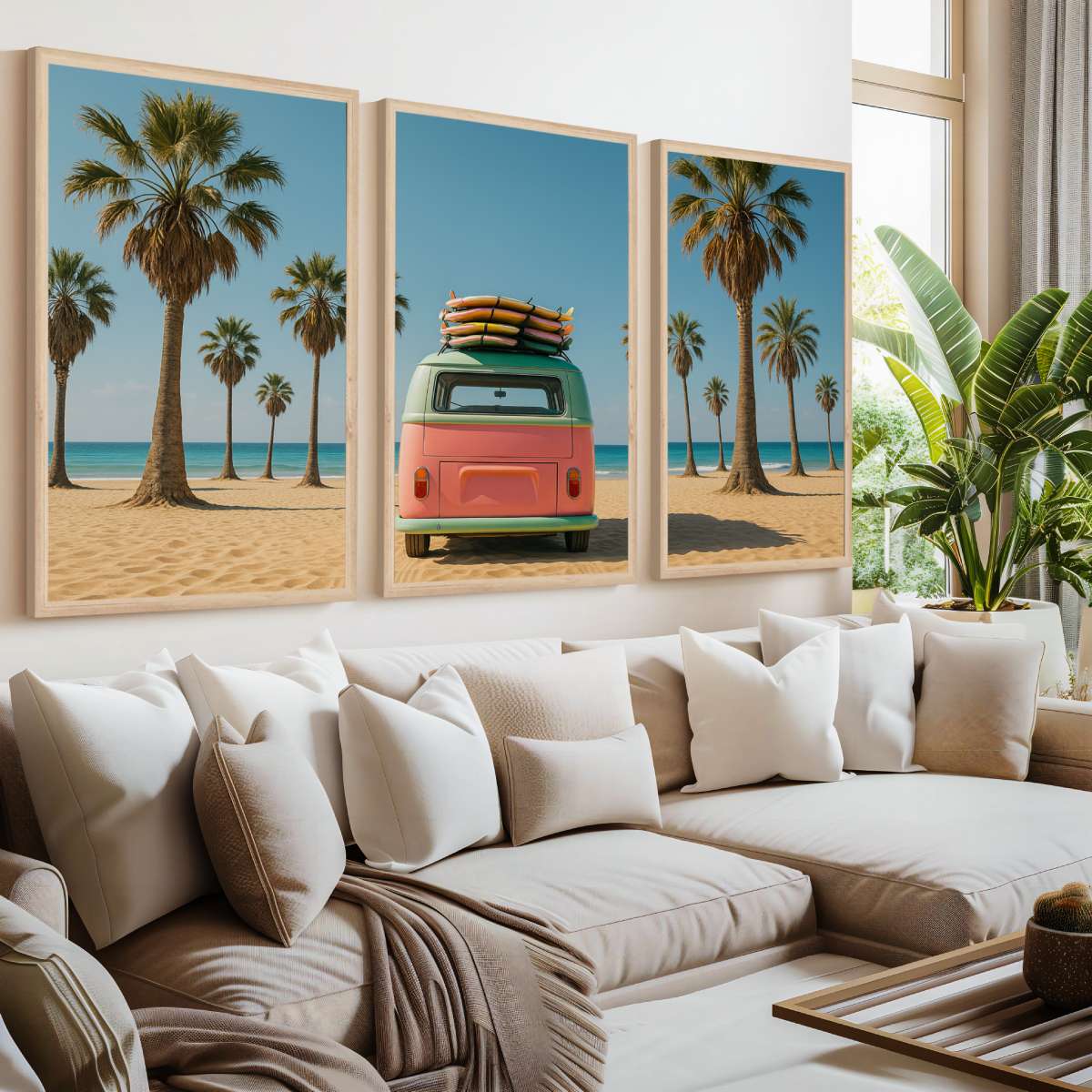 3 Piece Beach Wall Art – Palm Trees, Surf Van and Ocean View