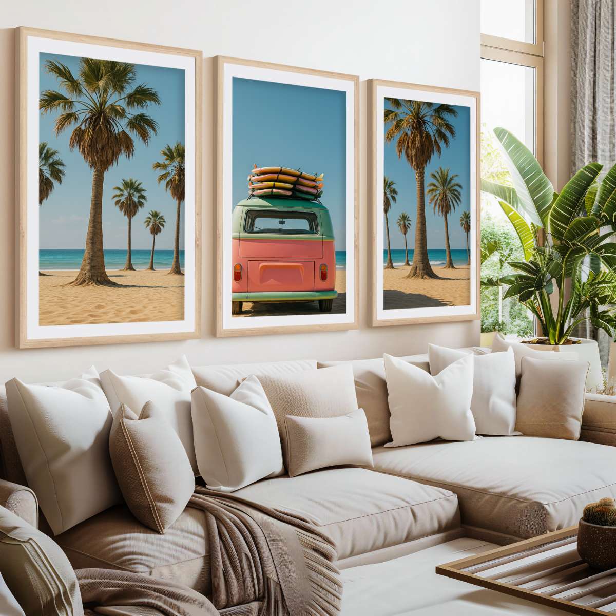 3 Piece Beach Wall Art – Palm Trees, Surf Van and Ocean View