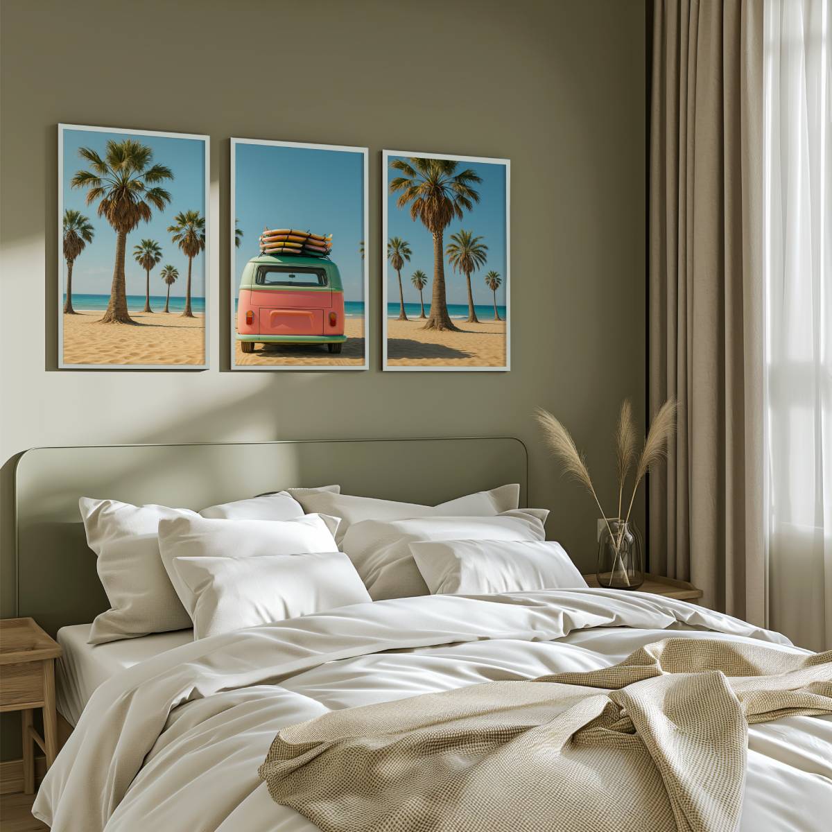 3 Piece Beach Wall Art – Palm Trees, Surf Van and Ocean View