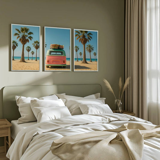 3 Piece Beach Wall Art – Palm Trees, Surf Van and Ocean View
