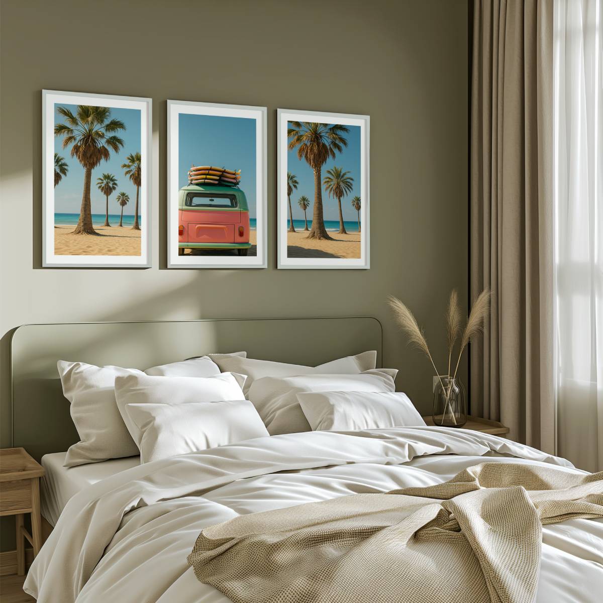3 Piece Beach Wall Art – Palm Trees, Surf Van and Ocean View