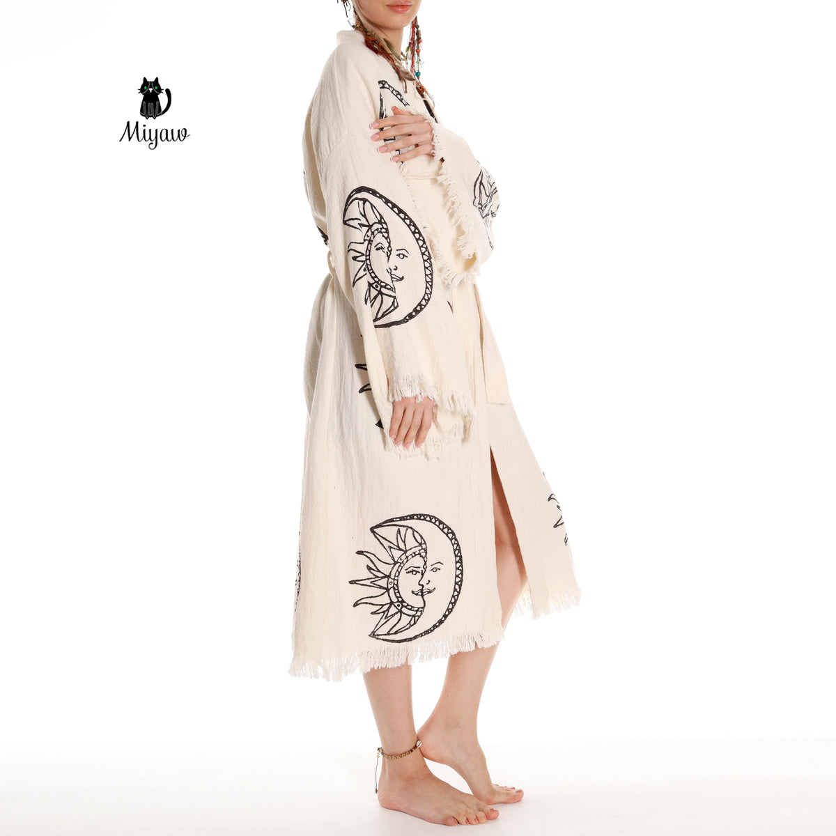 Boho Moon and Sun Print Organic Cotton Kimono Robe for Beach Days