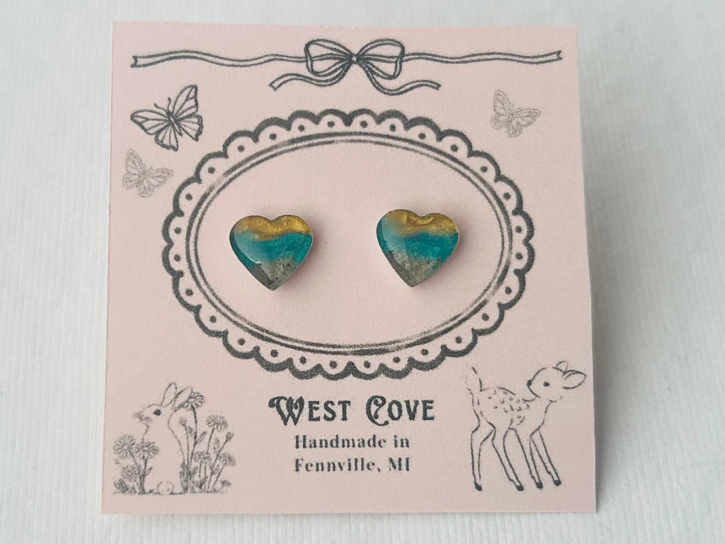 Sunset heart earrings with Oval Beach sand