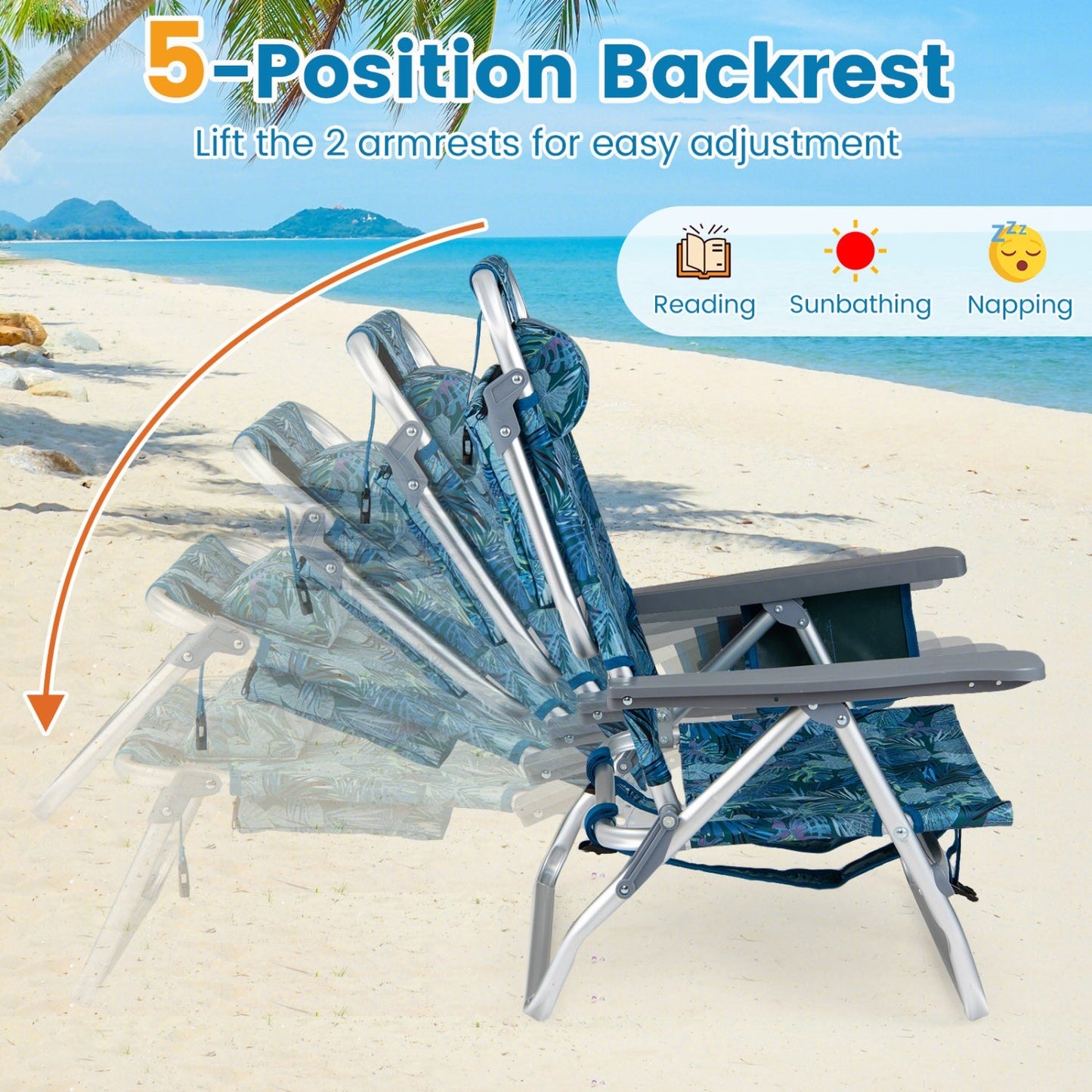 Beach Chairs Set of 2 Portable Folding Backpack Recliners with 5-Position Backrest and Padded Headrest