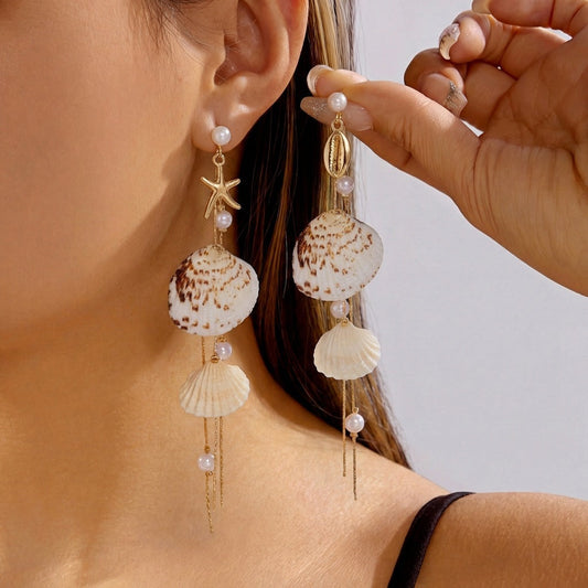 Summer Wind Beach Imitation Pearl Shell Conch Earrings