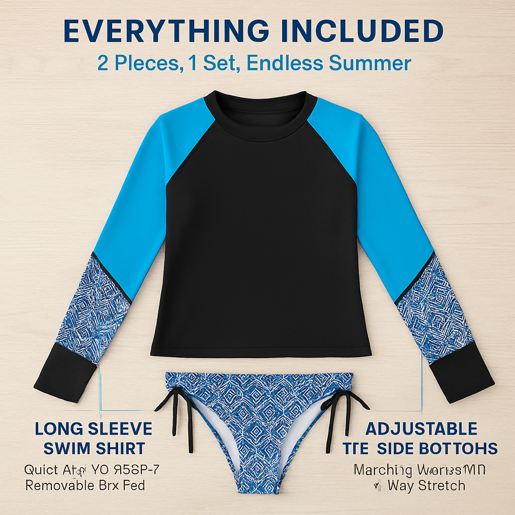 Women Long Sleeve 2-Piece Swimwear Top for Surfing and Beach