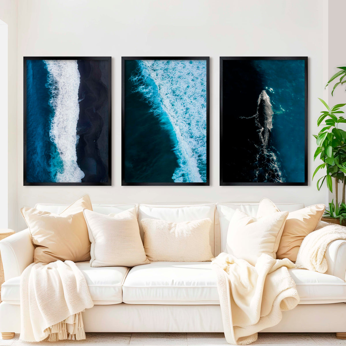 Large Coastal Paintings – Ocean Wave & Whale Art Trio