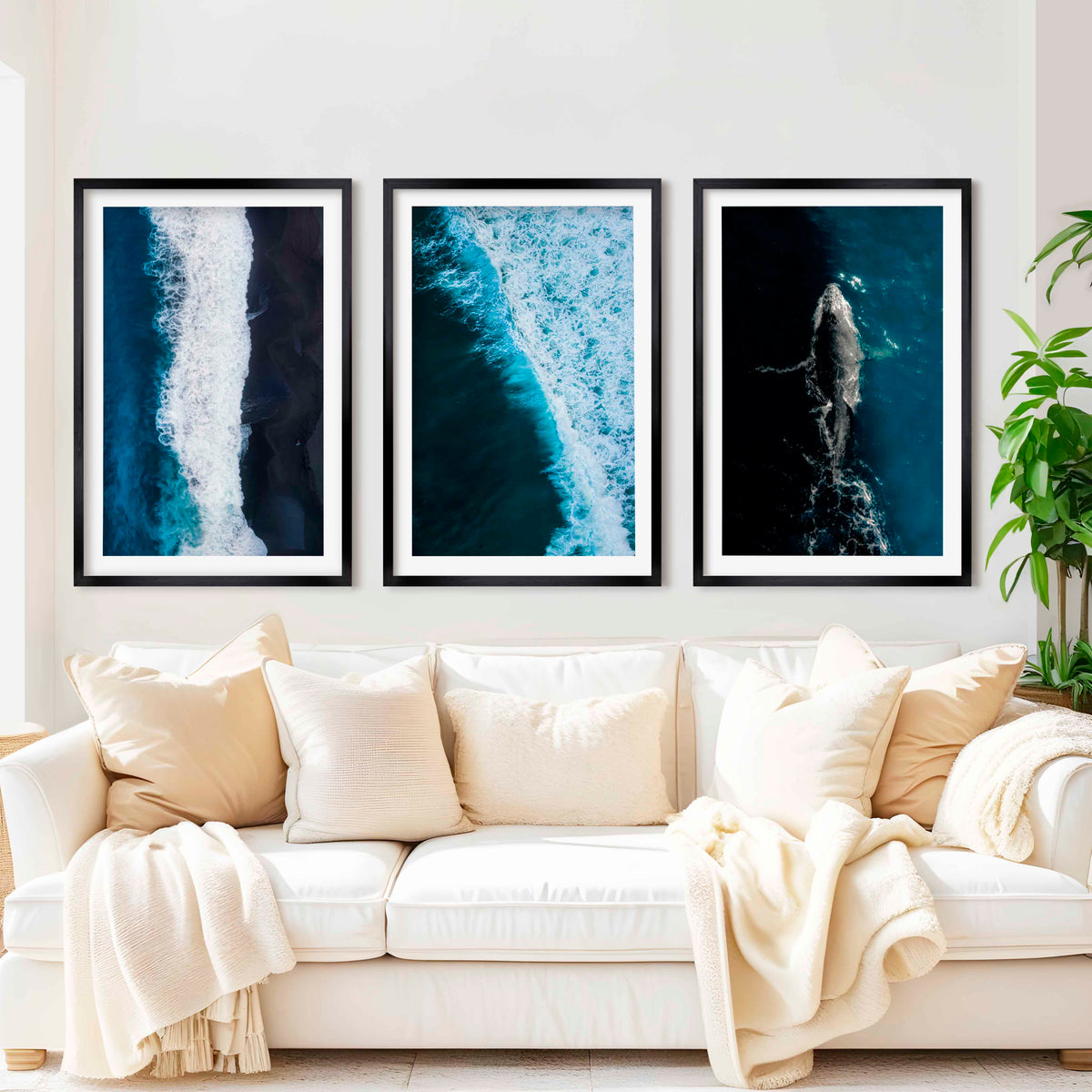 Large Coastal Paintings – Ocean Wave & Whale Art Trio
