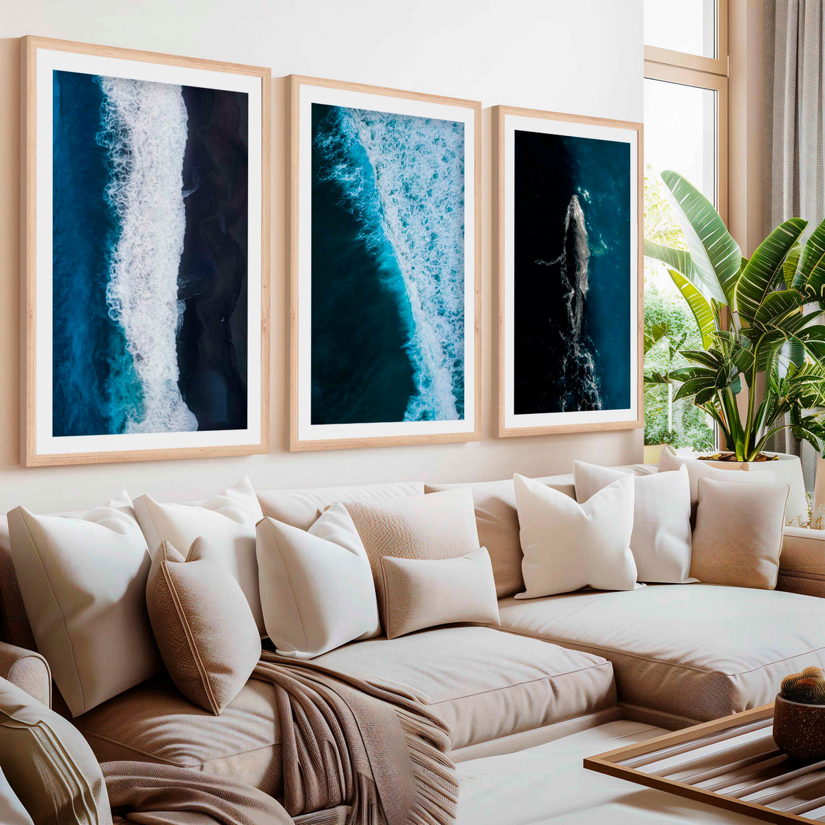Large Coastal Paintings – Ocean Wave & Whale Art Trio