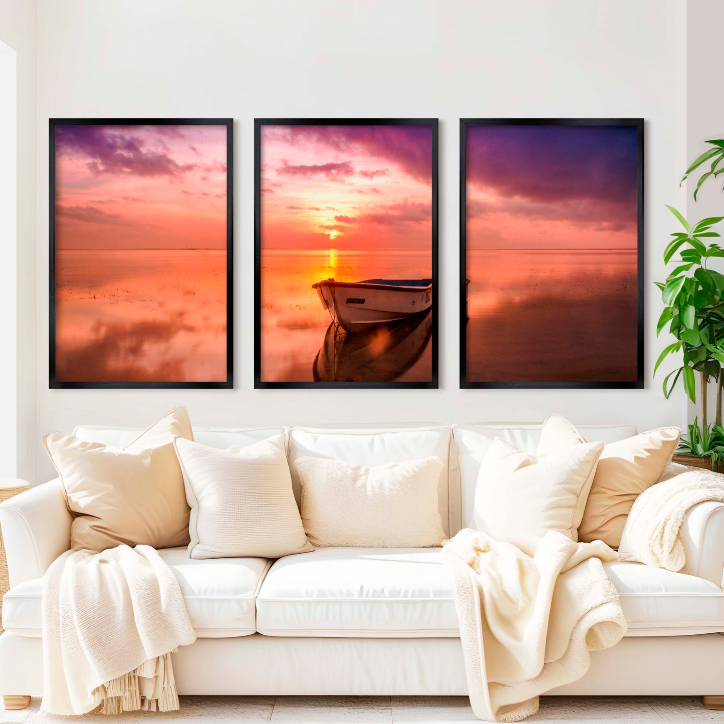 Pink Beach Wall Art – Sunset Boat and Reflected Sky Print