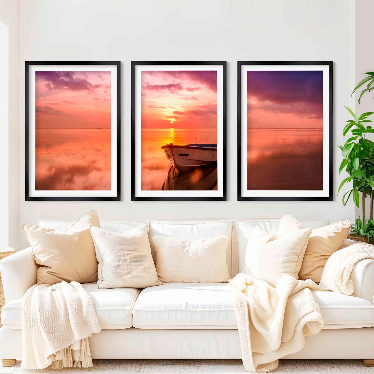 Pink Beach Wall Art – Sunset Boat and Reflected Sky Print