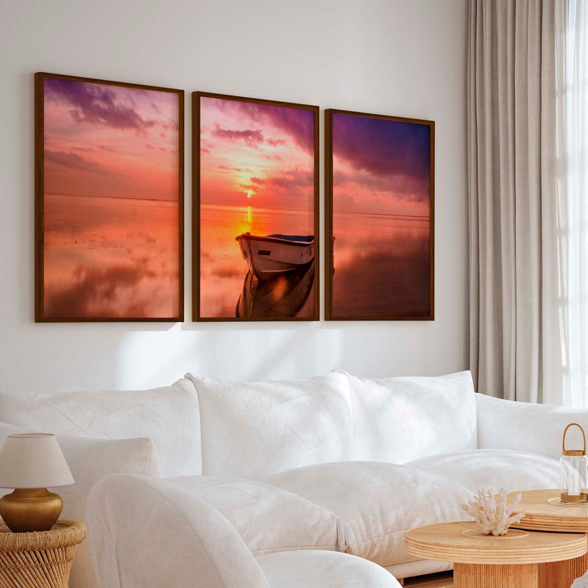 Pink Beach Wall Art – Sunset Boat and Reflected Sky Print