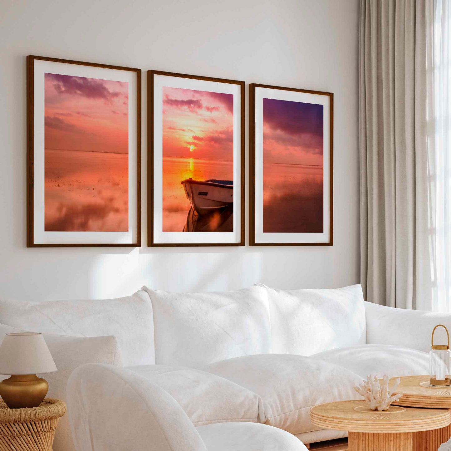 Pink Beach Wall Art – Sunset Boat and Reflected Sky Print