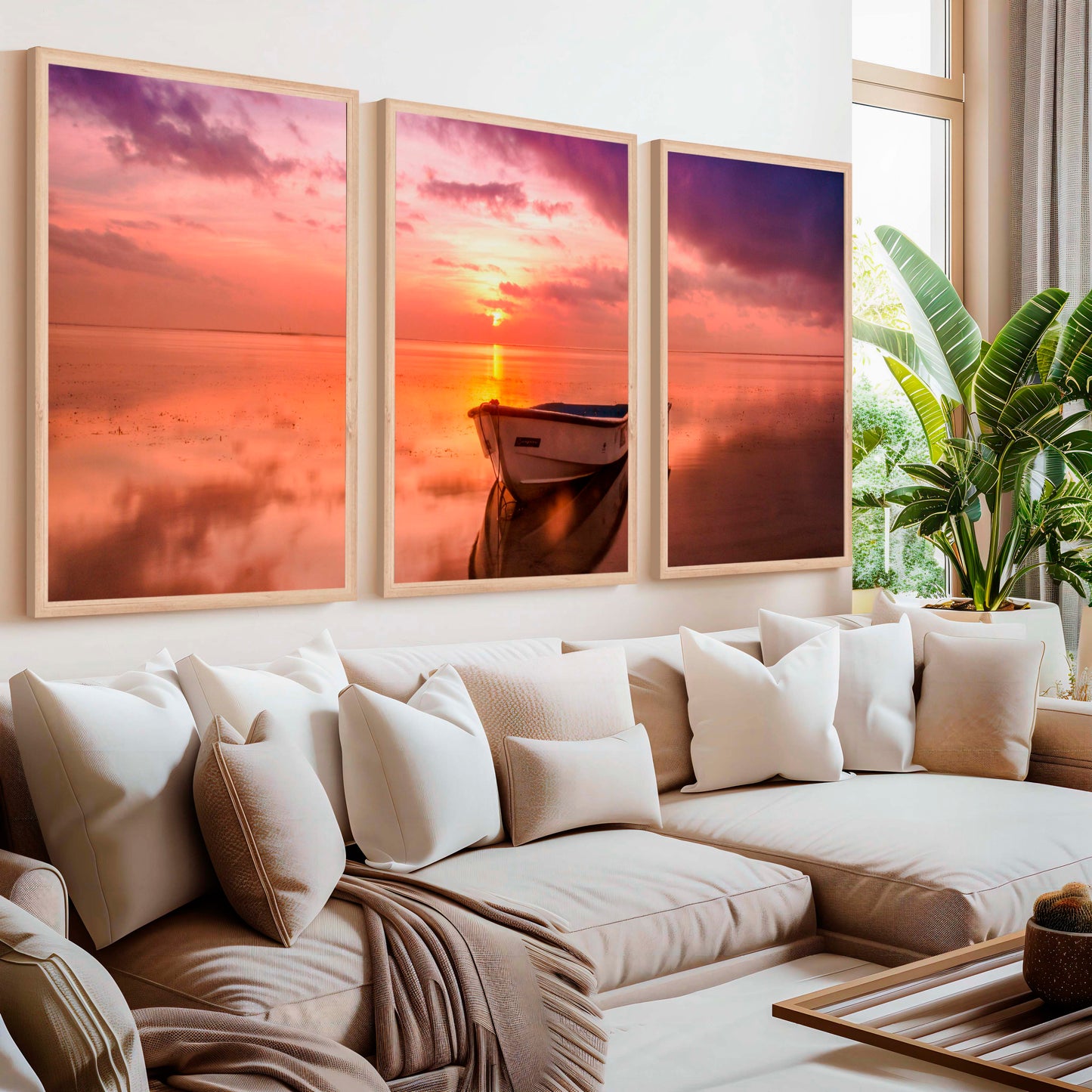 Pink Beach Wall Art – Sunset Boat and Reflected Sky Print
