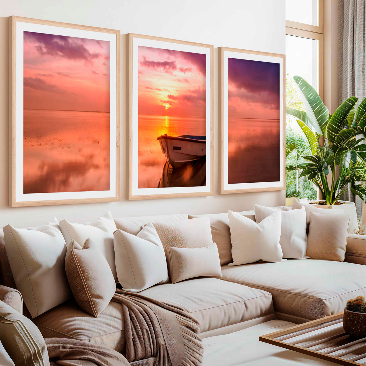 Pink Beach Wall Art – Sunset Boat and Reflected Sky Print