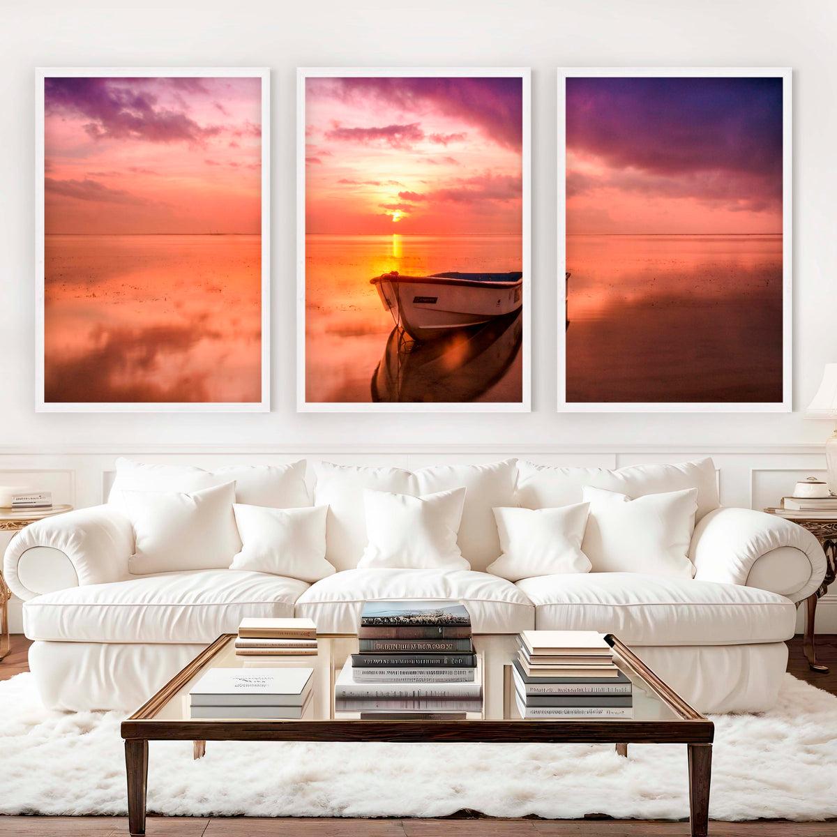 Pink Beach Wall Art – Sunset Boat and Reflected Sky Print