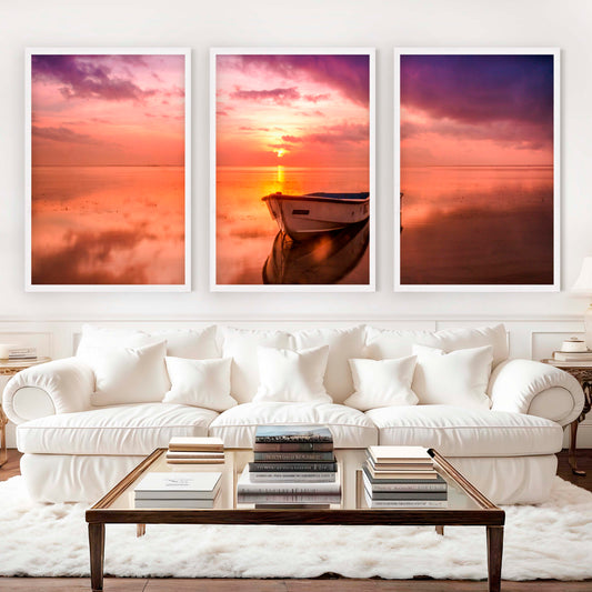 Pink Beach Wall Art – Sunset Boat and Reflected Sky Print