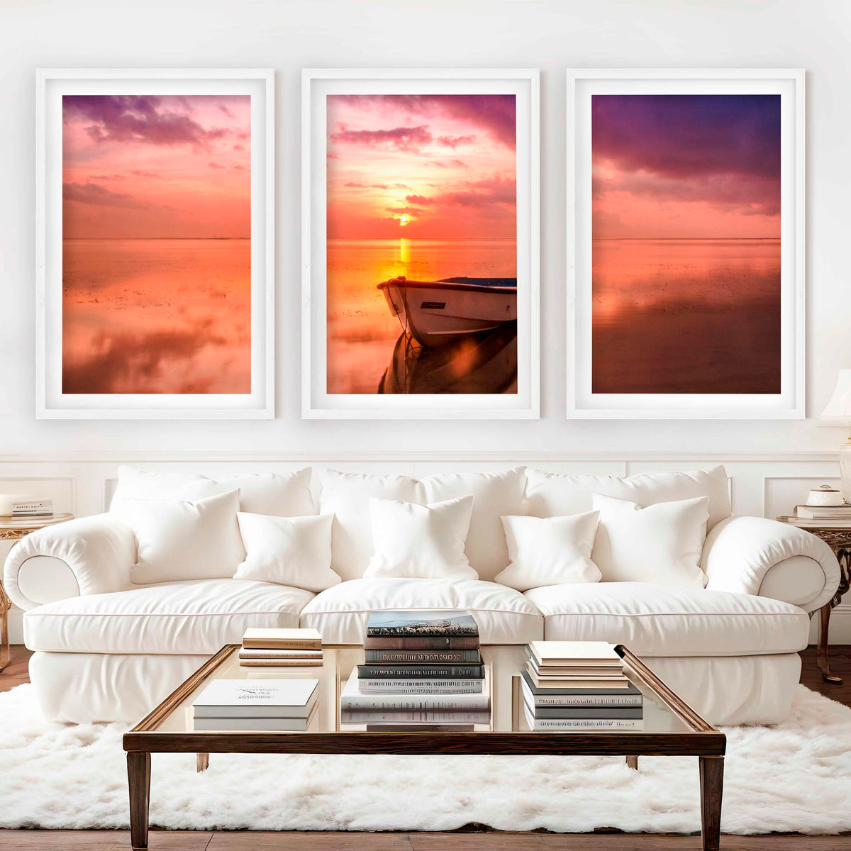 Pink Beach Wall Art – Sunset Boat and Reflected Sky Print