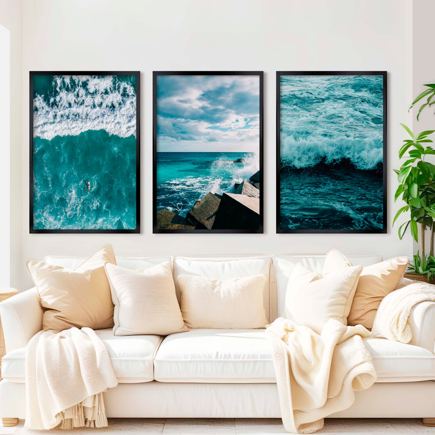 Seaside Wall Art – Surfer, Ocean Waves & Rocky Coast (Set of 3)