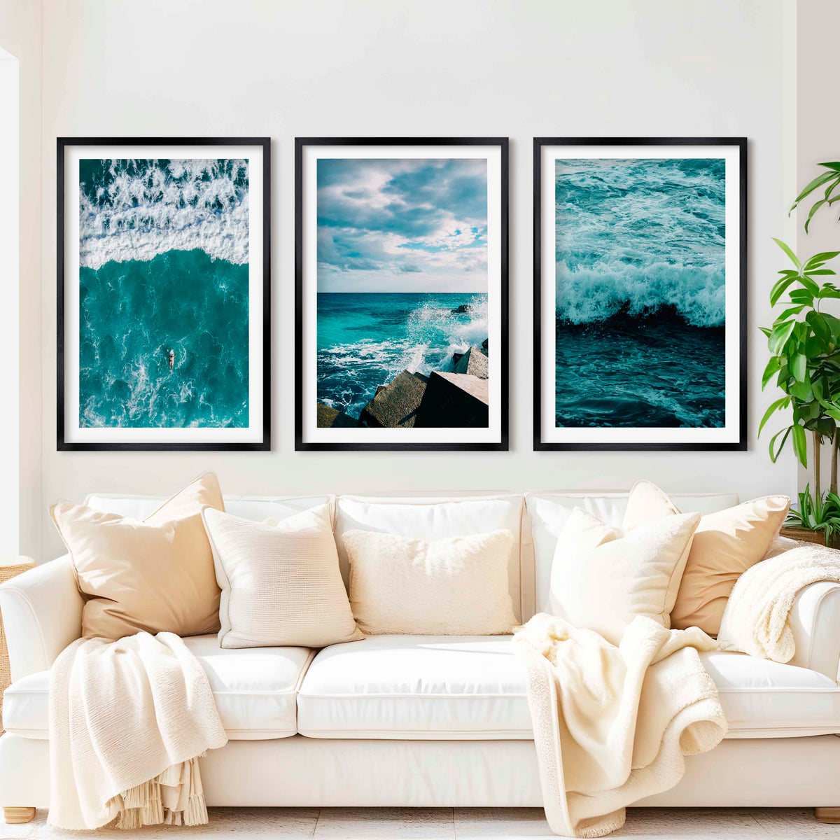 Seaside Wall Art – Surfer, Ocean Waves & Rocky Coast (Set of 3)