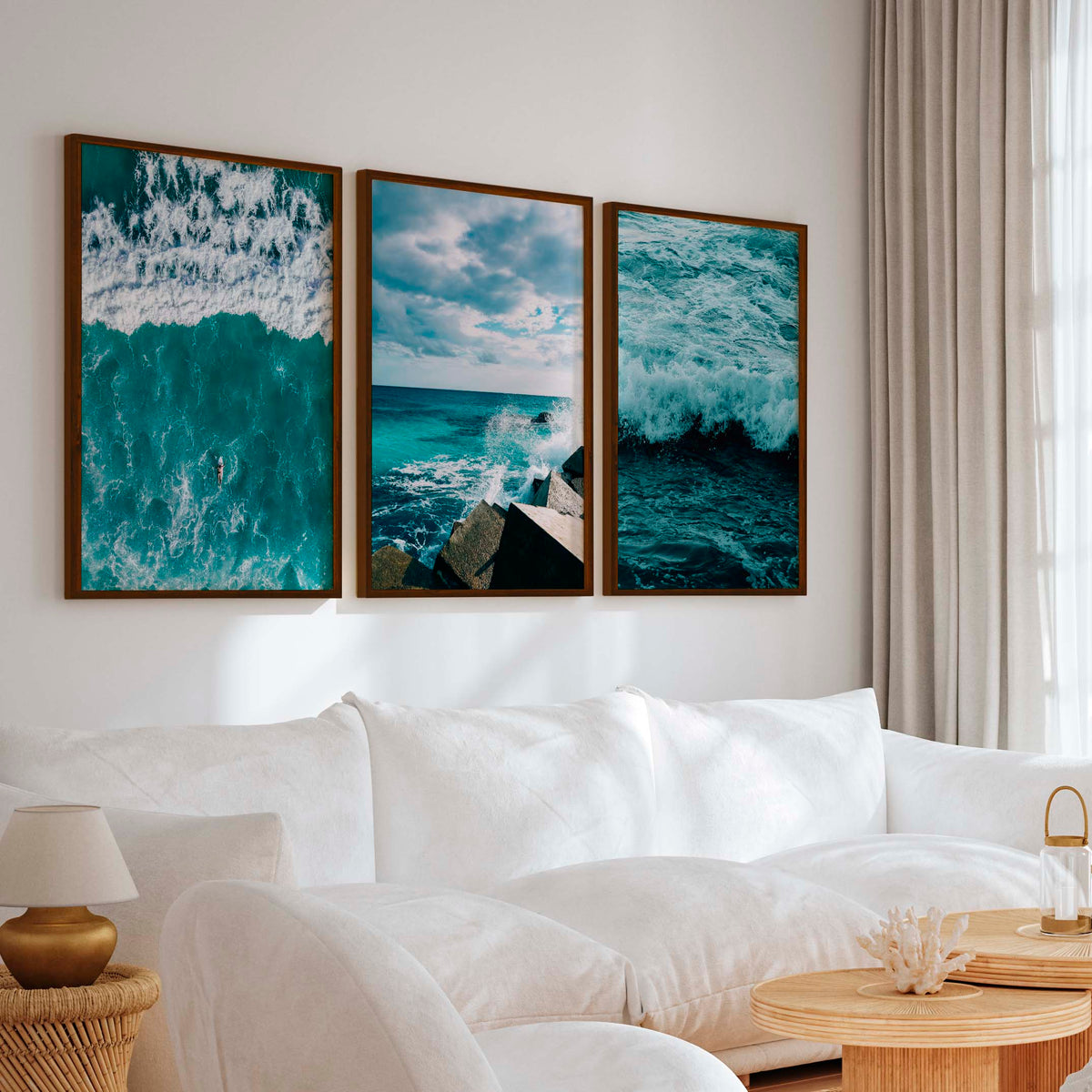Seaside Wall Art – Surfer, Ocean Waves & Rocky Coast (Set of 3)