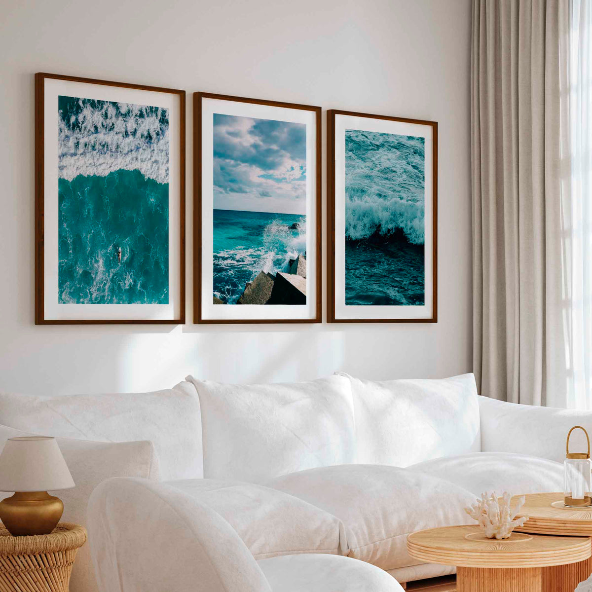 Seaside Wall Art – Surfer, Ocean Waves & Rocky Coast (Set of 3)