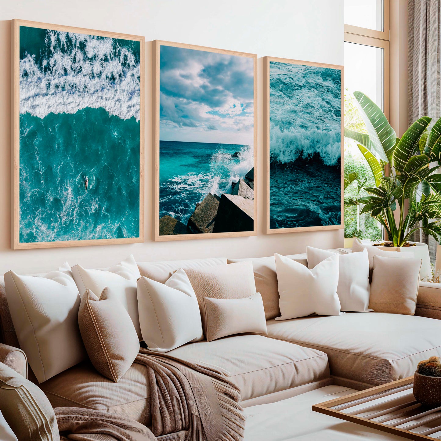 Seaside Wall Art – Surfer, Ocean Waves & Rocky Coast (Set of 3)