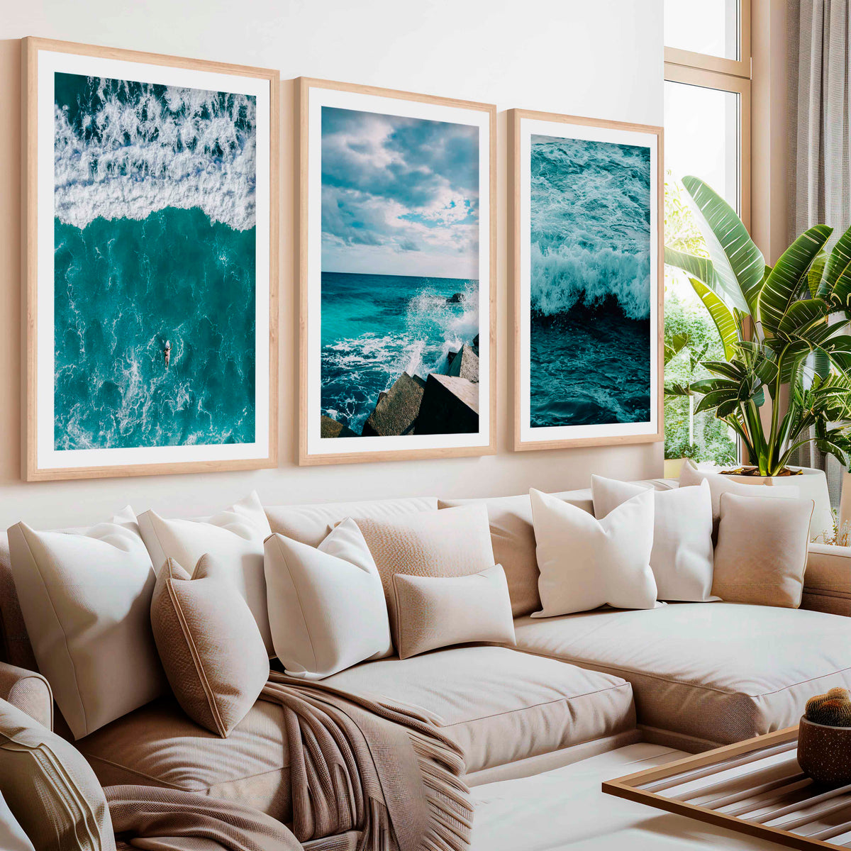 Seaside Wall Art – Surfer, Ocean Waves & Rocky Coast (Set of 3)