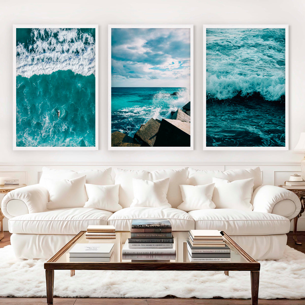 Seaside Wall Art – Surfer, Ocean Waves & Rocky Coast (Set of 3)