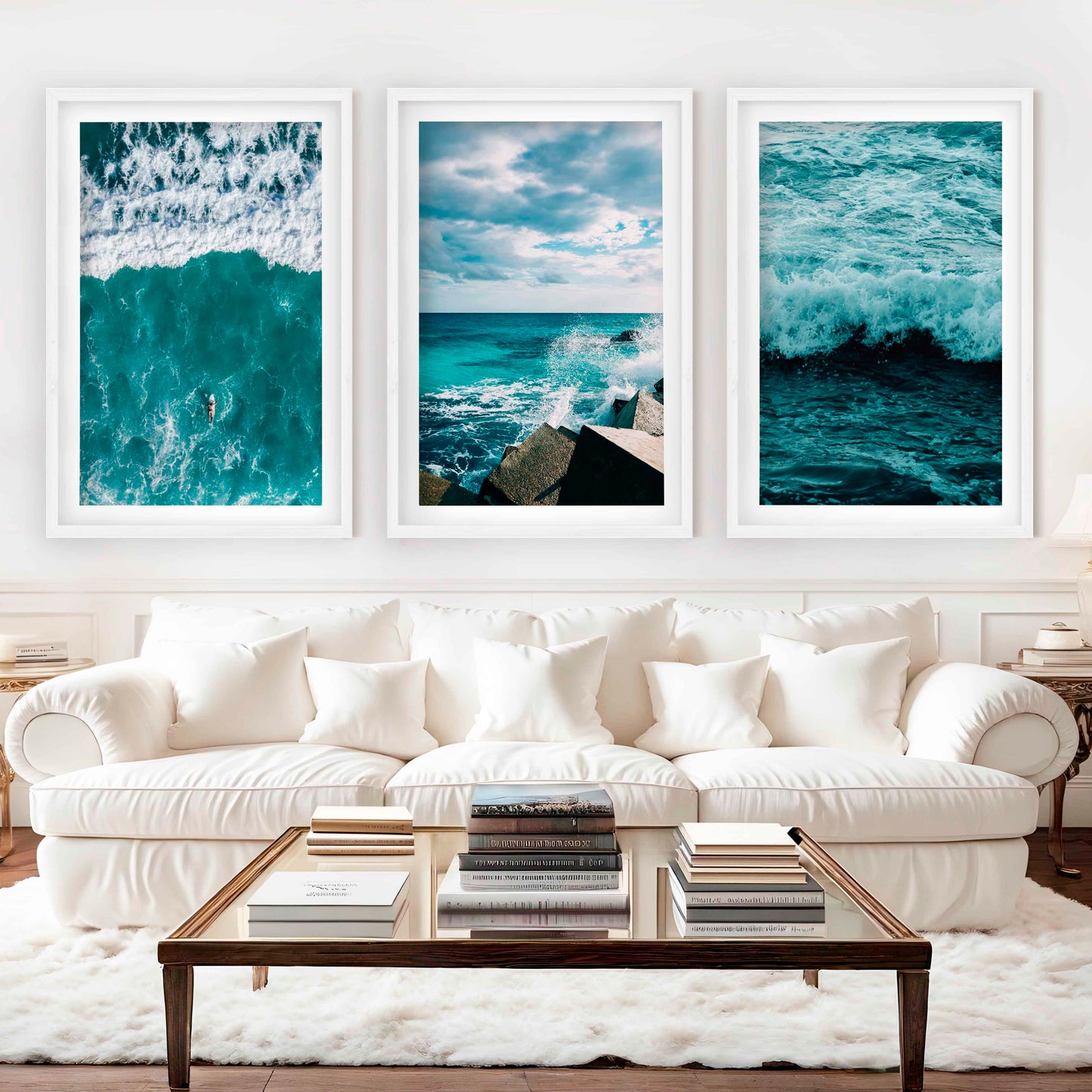 Seaside Wall Art – Surfer, Ocean Waves & Rocky Coast (Set of 3)